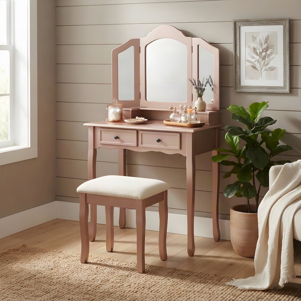 Wood/Glass Makeup Vanity Dressing Table with Upholstered Stool Set, Rose Gold