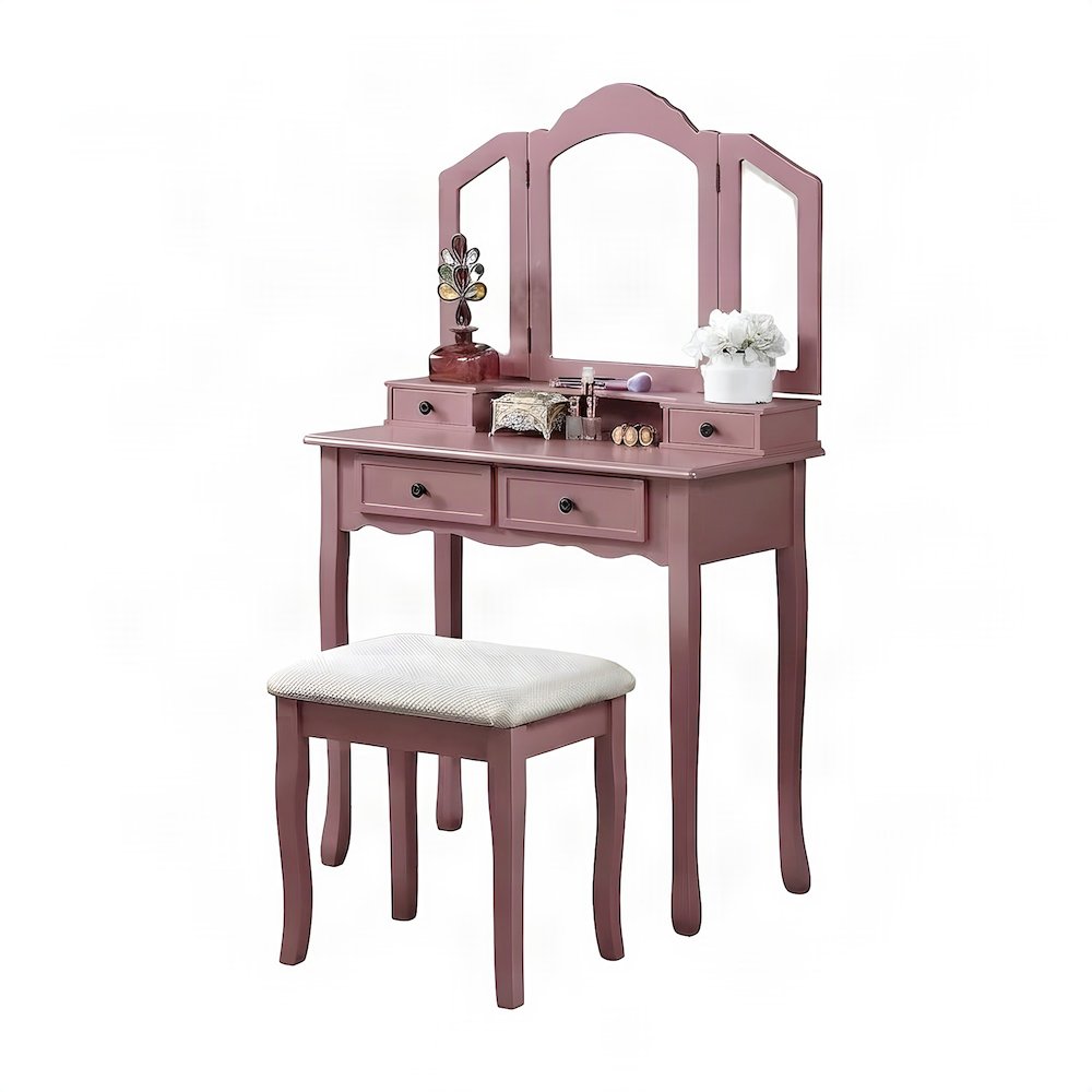 Wood/Glass Makeup Vanity Dressing Table with Upholstered Stool Set, Rose Gold