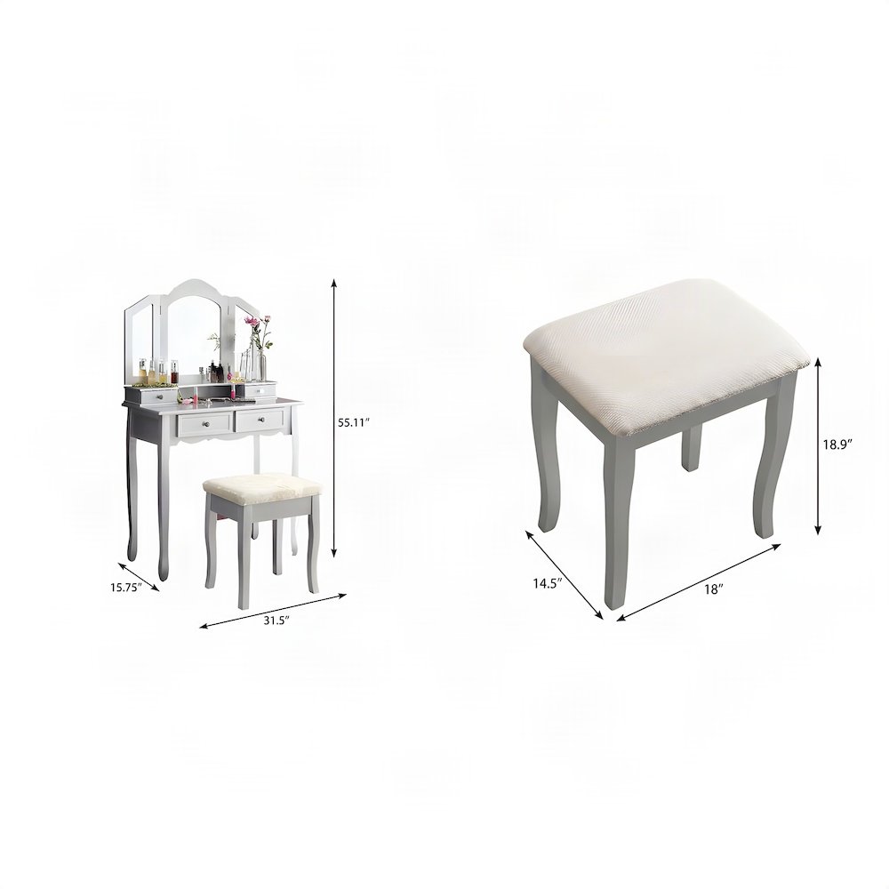 Wood and Glass Makeup Vanity Dressing Table with Upholstered Stool Set, Silver