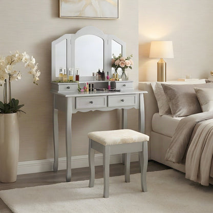 Wood and Glass Makeup Vanity Dressing Table with Upholstered Stool Set, Silver