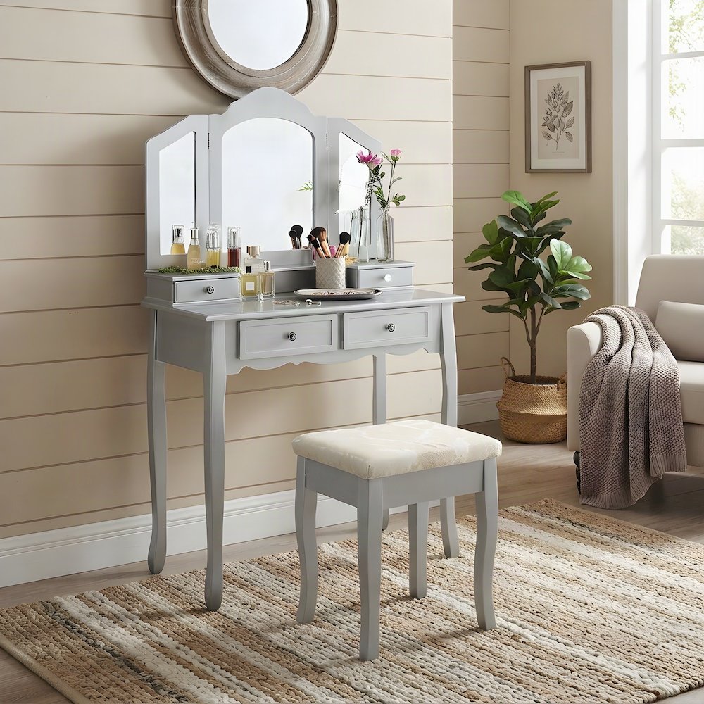 Wood and Glass Makeup Vanity Dressing Table with Upholstered Stool Set, Silver