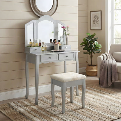 Wood and Glass Makeup Vanity Dressing Table with Upholstered Stool Set, Silver