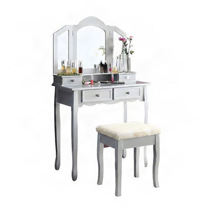 Wood and Glass Makeup Vanity Dressing Table with Upholstered Stool Set, Silver