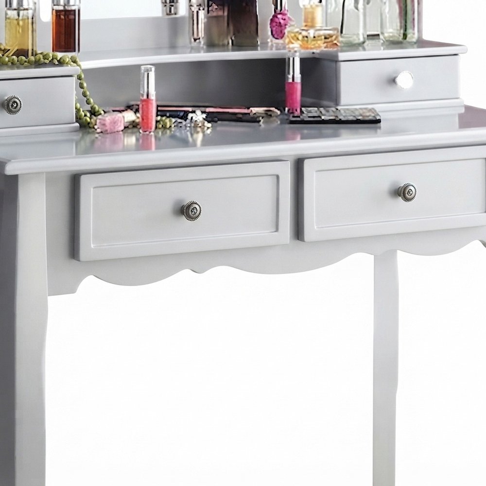 Wood and Glass Makeup Vanity Dressing Table with Upholstered Stool Set, Silver