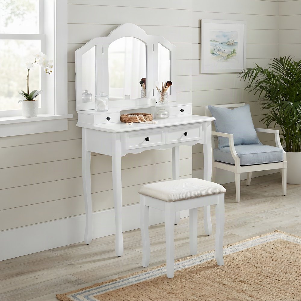Wood and Glass Makeup Vanity Dressing Table with Upholstered Stool Set, White