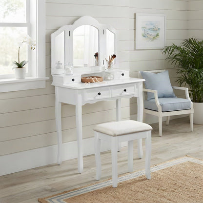 Wood and Glass Makeup Vanity Dressing Table with Upholstered Stool Set, White