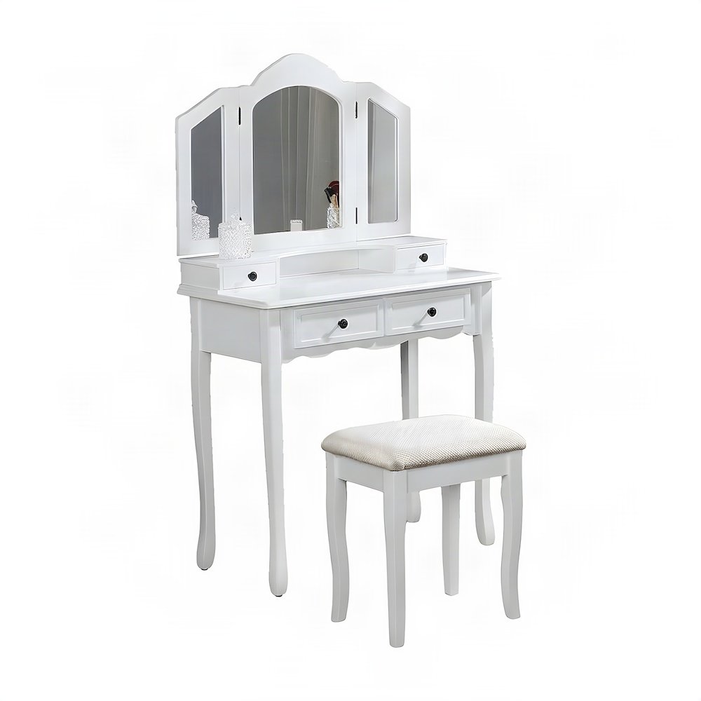 Wood and Glass Makeup Vanity Dressing Table with Upholstered Stool Set, White