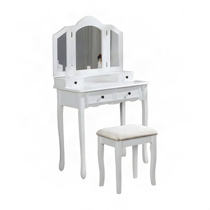 Wood and Glass Makeup Vanity Dressing Table with Upholstered Stool Set, White