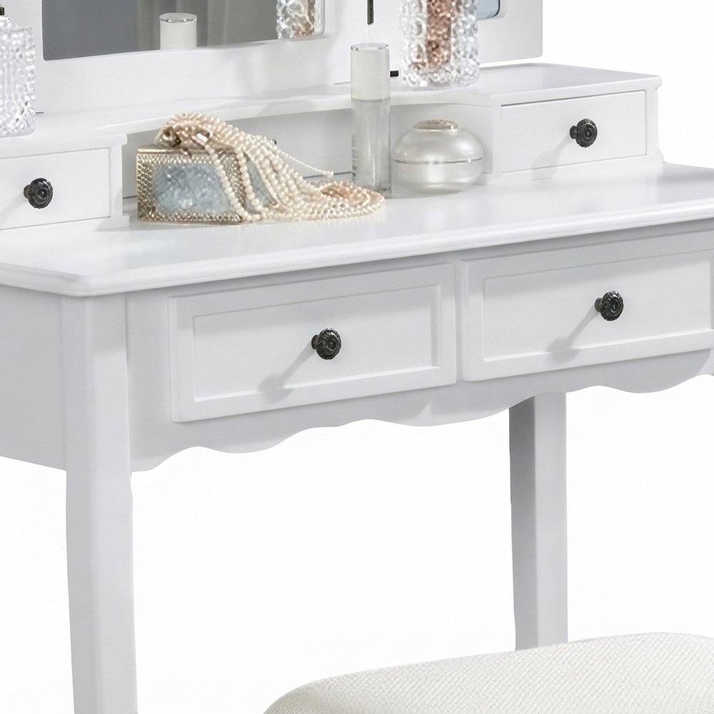 Wood and Glass Makeup Vanity Dressing Table with Upholstered Stool Set, White