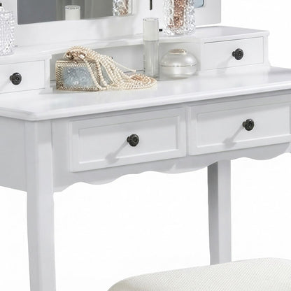 Wood and Glass Makeup Vanity Dressing Table with Upholstered Stool Set, White