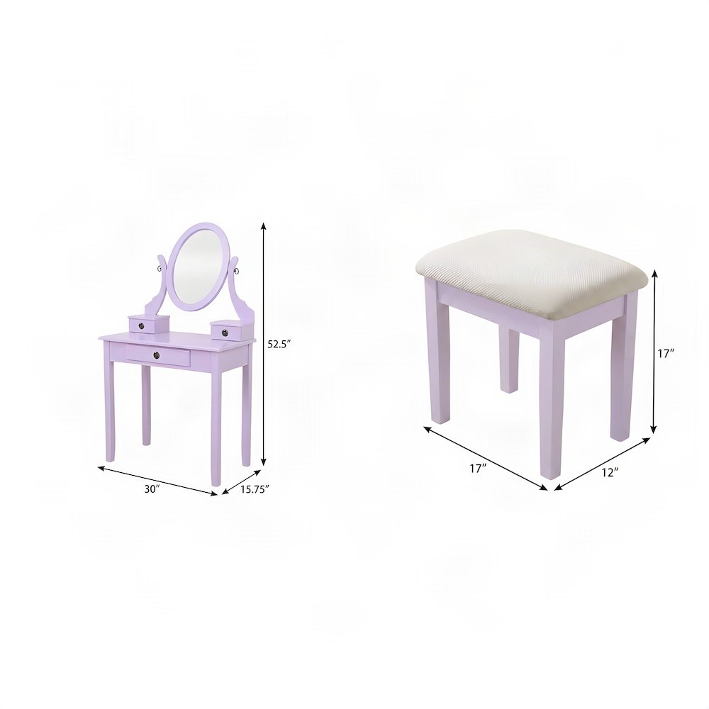 Wood Makeup Vanity Table and Stool Set with Upholstered Seat, Girls, Purple