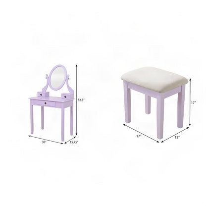 Wood Makeup Vanity Table and Stool Set with Upholstered Seat, Girls, Purple