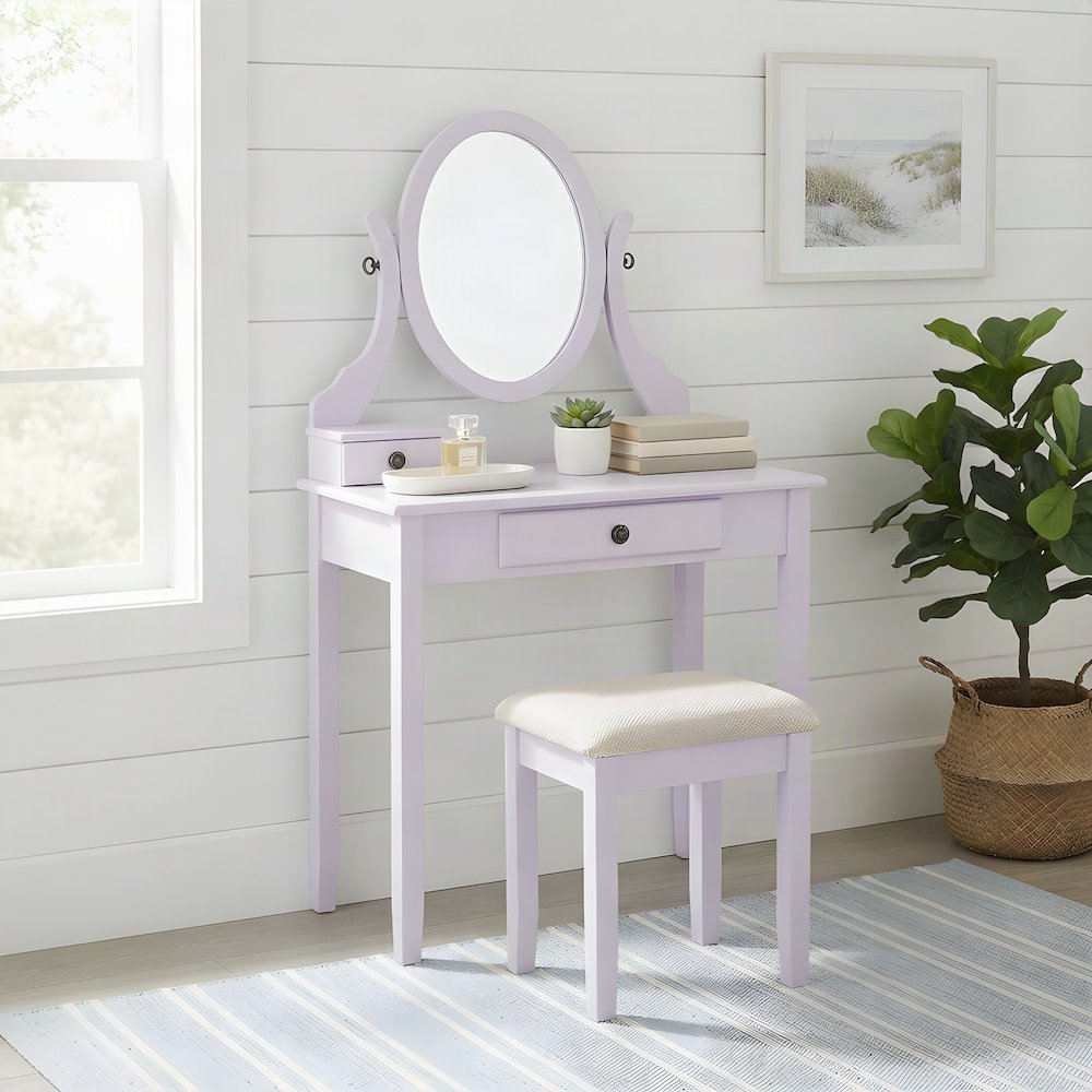 Wood Makeup Vanity Table and Stool Set with Upholstered Seat, Girls, Purple