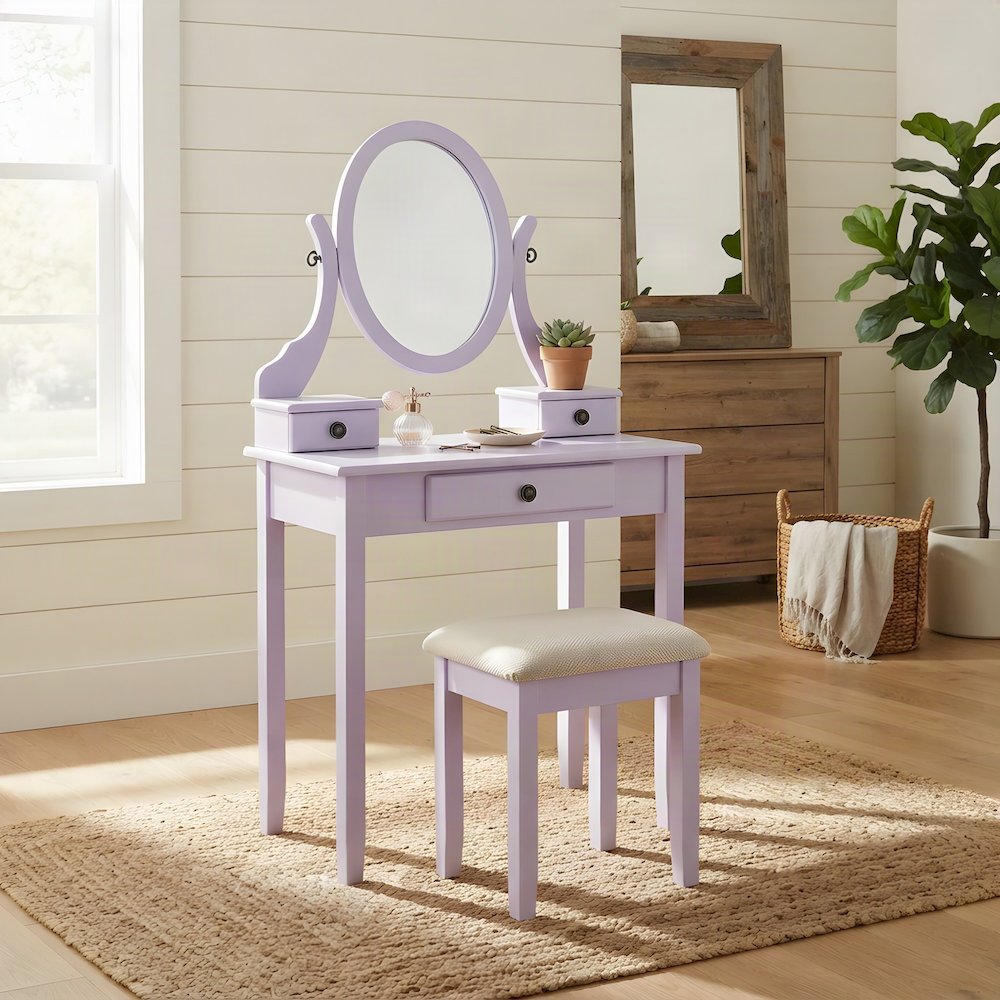 Wood Makeup Vanity Table and Stool Set with Upholstered Seat, Girls, Purple