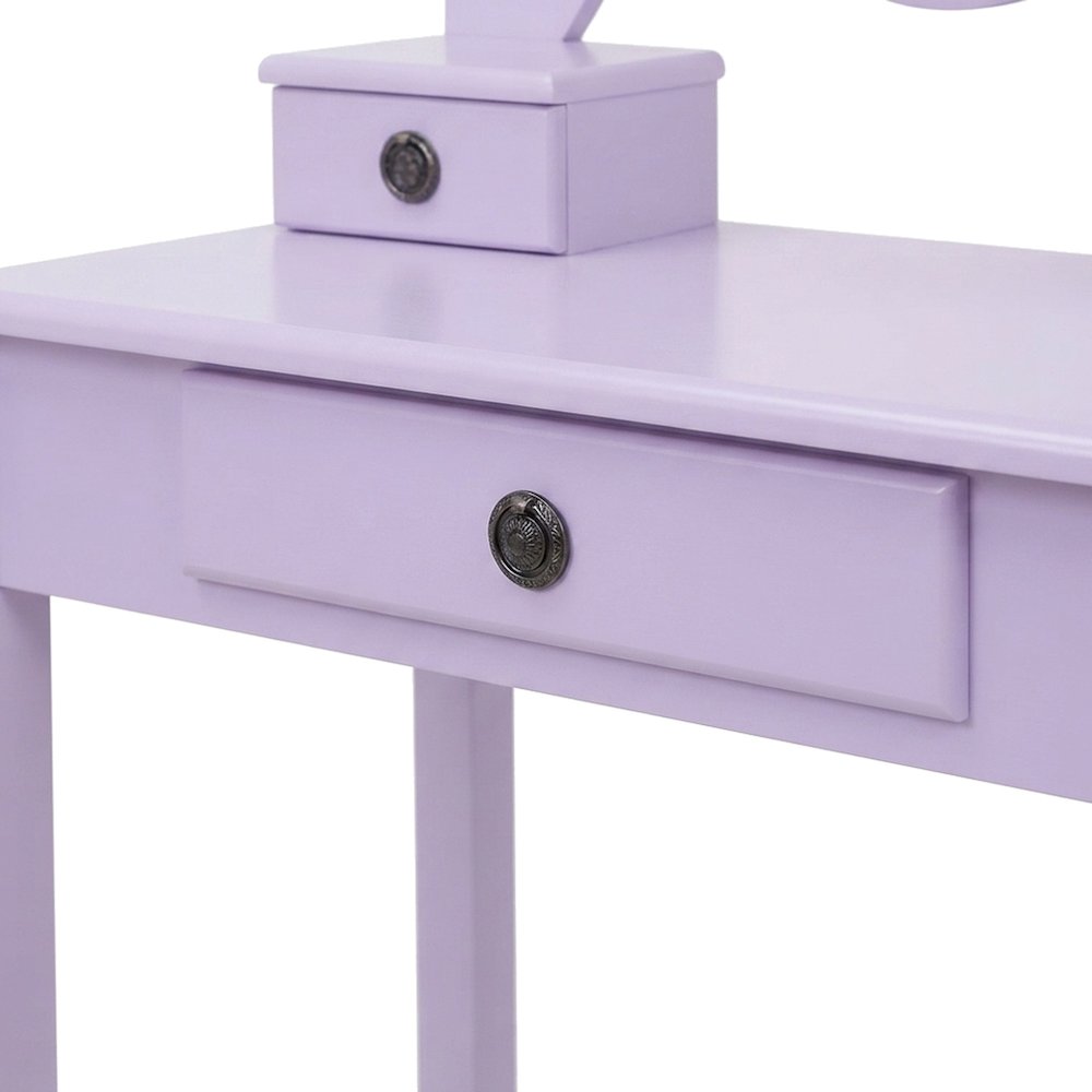 Wood Makeup Vanity Table and Stool Set with Upholstered Seat, Girls, Purple