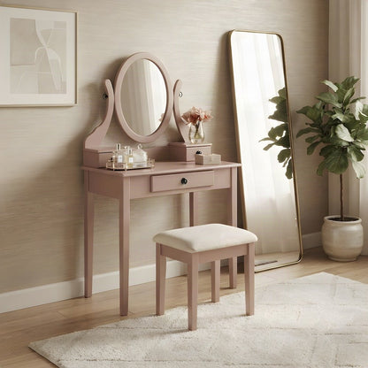 Wood Makeup Vanity Table and Stool Set with Upholstered Seat, Girls, Rose Gold