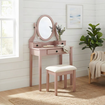 Wood Makeup Vanity Table and Stool Set with Upholstered Seat, Girls, Rose Gold