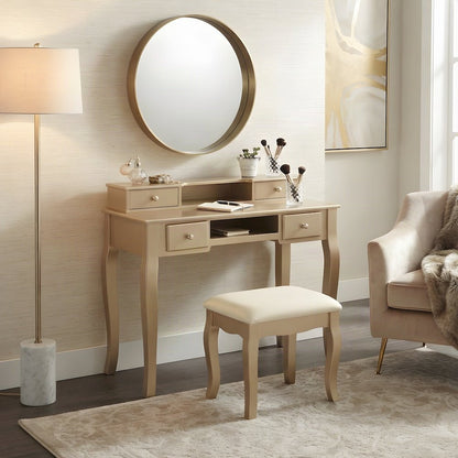 Wood Makeup Vanity Desk with Mirror, Glass Top, and Upholstered Stool, Gold