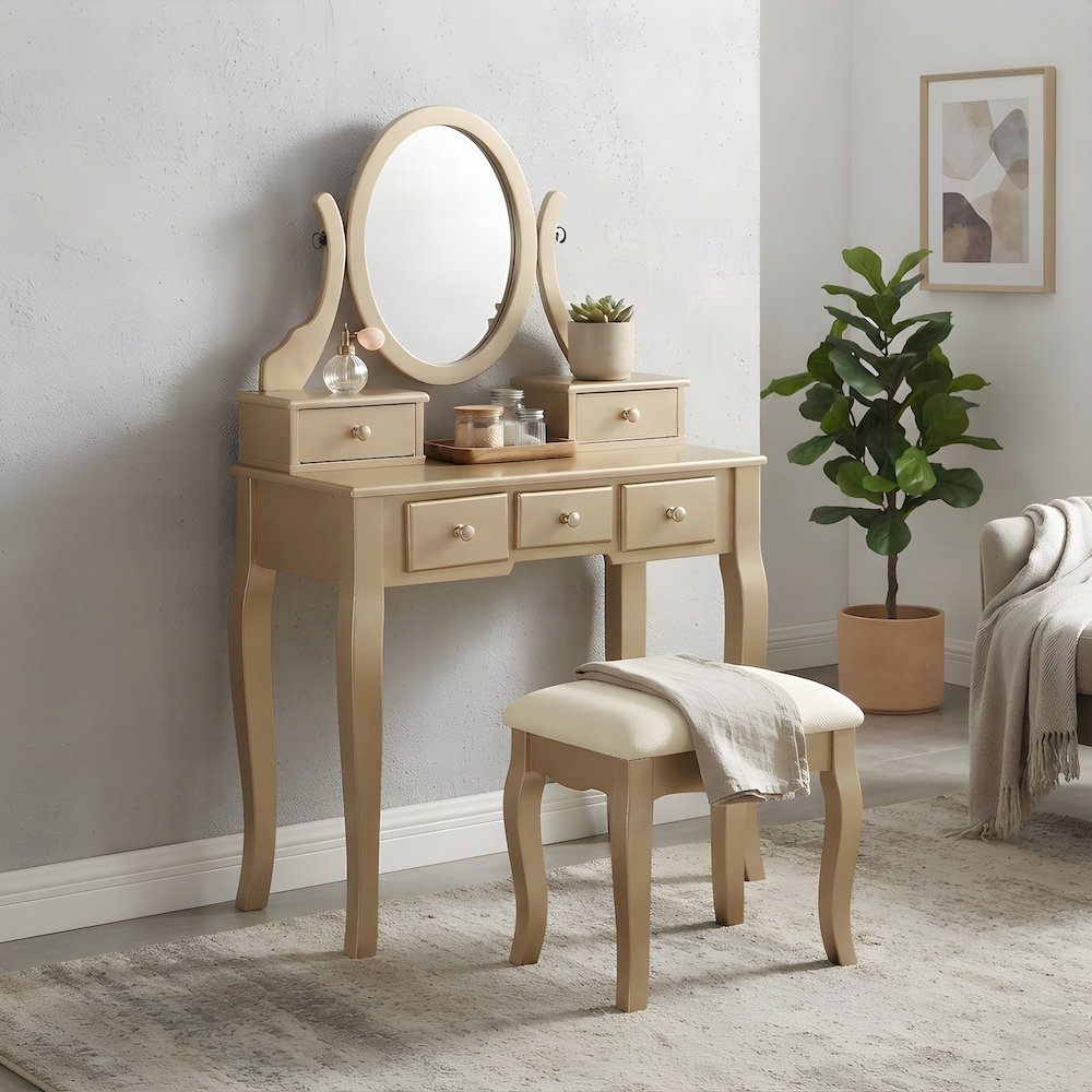 Wood Makeup Vanity Desk with Mirror, Glass Top, and Upholstered Stool, Gold