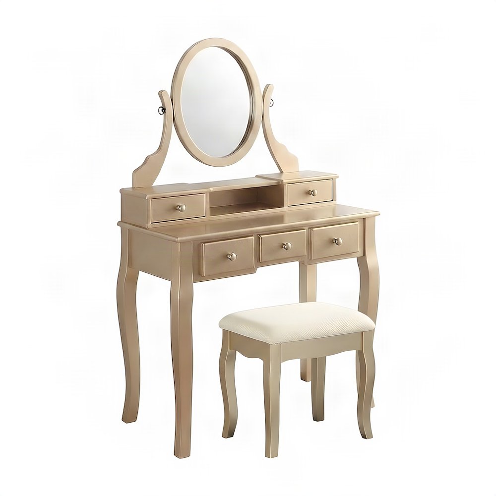 Wood Makeup Vanity Desk with Mirror, Glass Top, and Upholstered Stool, Gold
