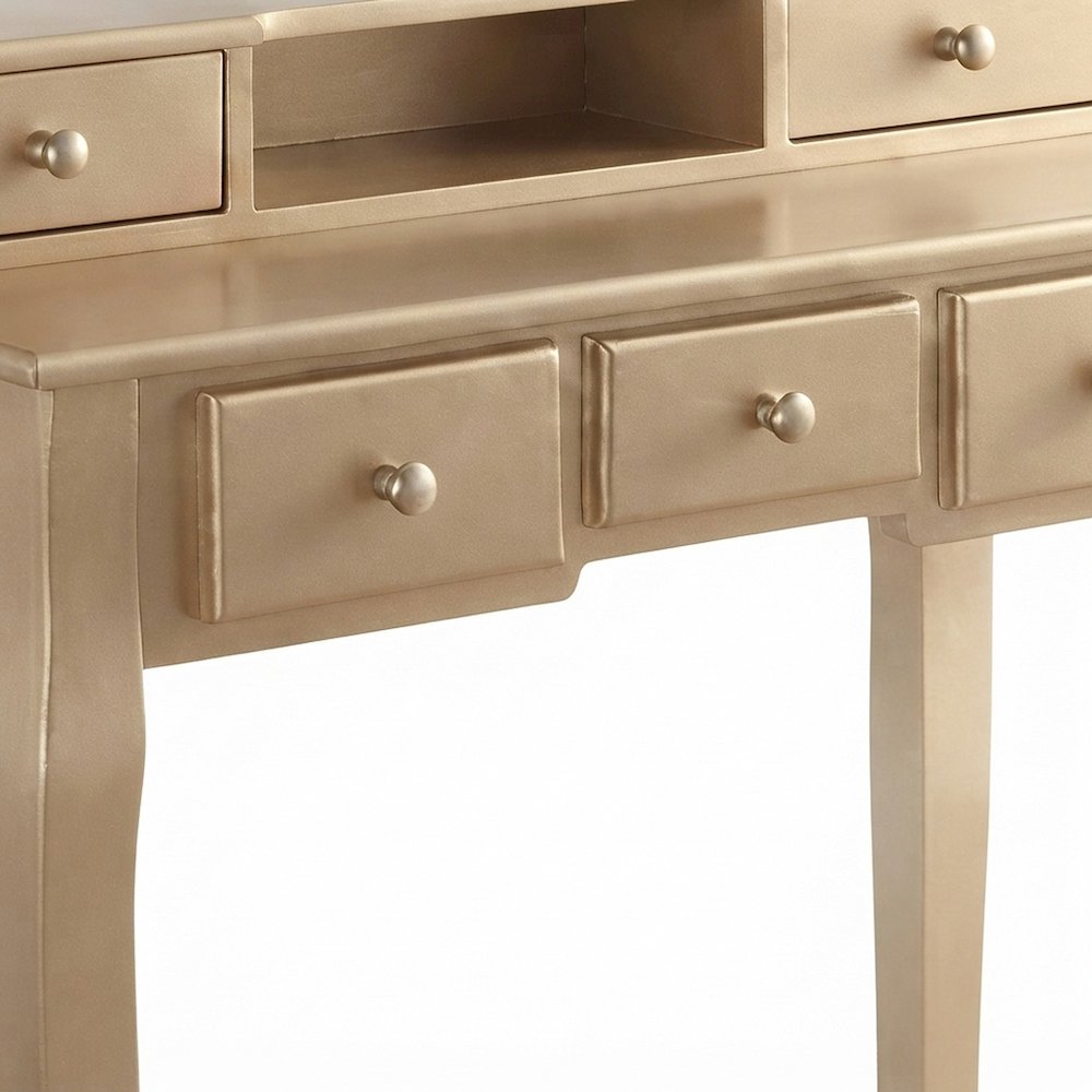 Wood Makeup Vanity Desk with Mirror, Glass Top, and Upholstered Stool, Gold