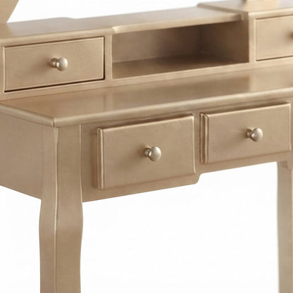 Wood Makeup Vanity Desk with Mirror, Glass Top, and Upholstered Stool, Gold