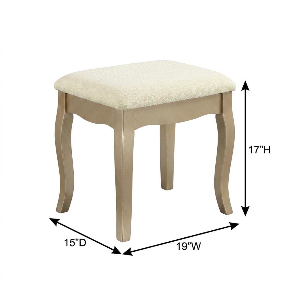 Wood Makeup Vanity Desk with Mirror, Glass Top, and Upholstered Stool, Gold