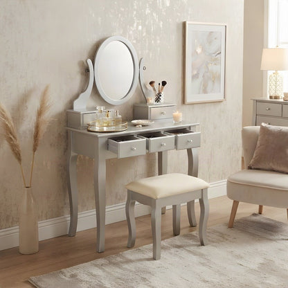 Wood Makeup Vanity Desk with Mirror, Glass Top, and Upholstered Stool, Silver