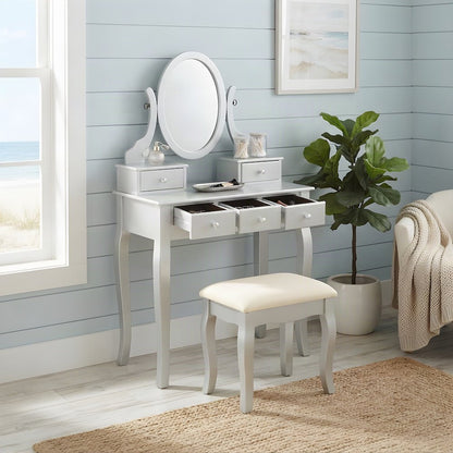 Wood Makeup Vanity Desk with Mirror, Glass Top, and Upholstered Stool, Silver