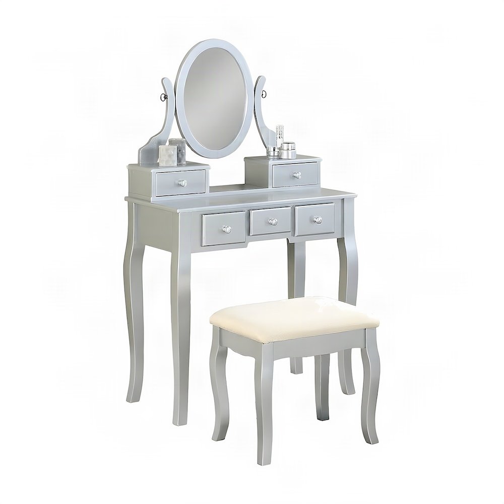 Wood Makeup Vanity Desk with Mirror, Glass Top, and Upholstered Stool, Silver