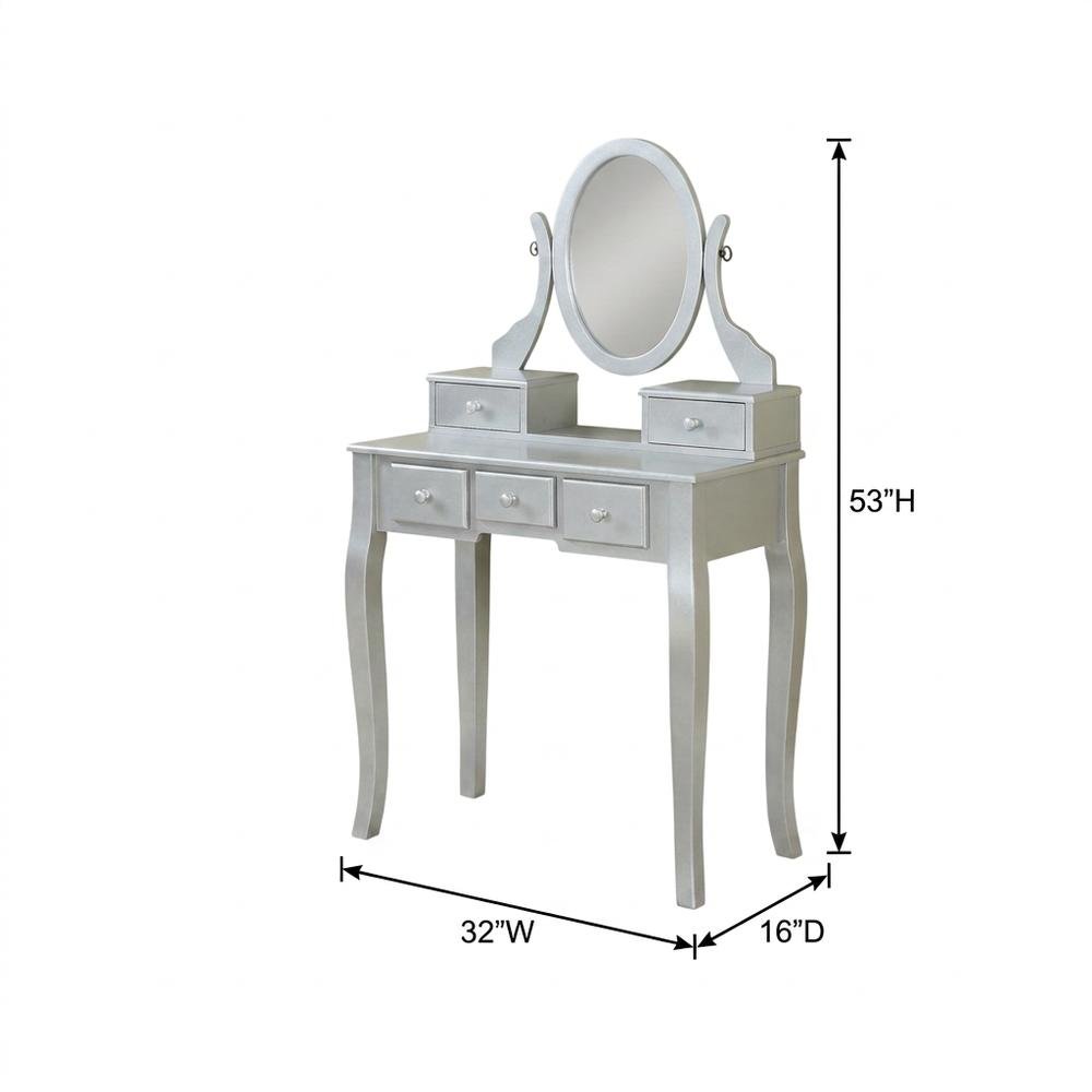 Wood Makeup Vanity Desk with Mirror, Glass Top, and Upholstered Stool, Silver