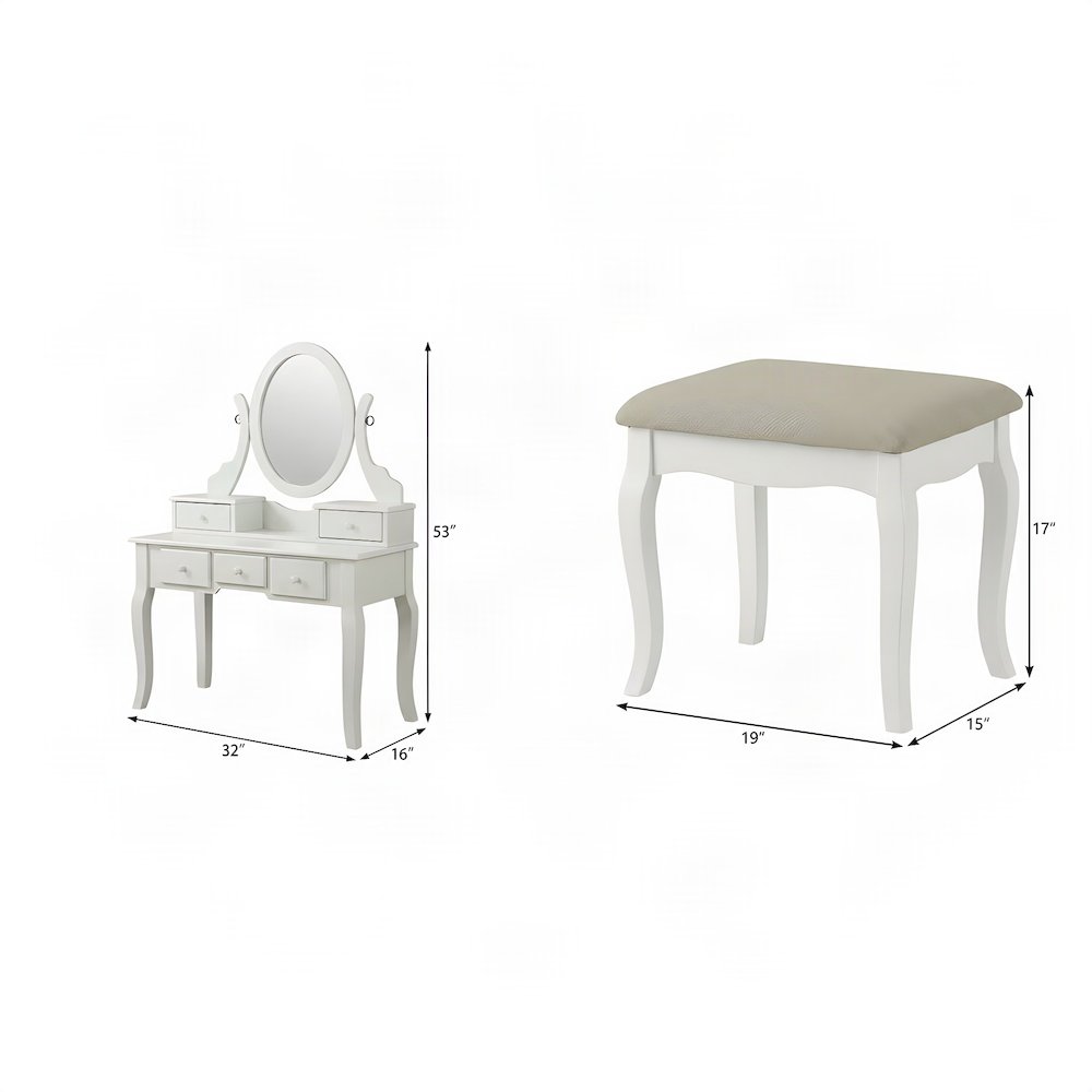 Wood Makeup Vanity Desk with Mirror, Glass Top, and Upholstered Stool, White