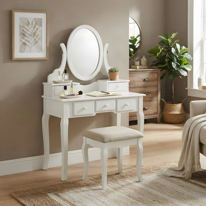 Wood Makeup Vanity Desk with Mirror, Glass Top, and Upholstered Stool, White