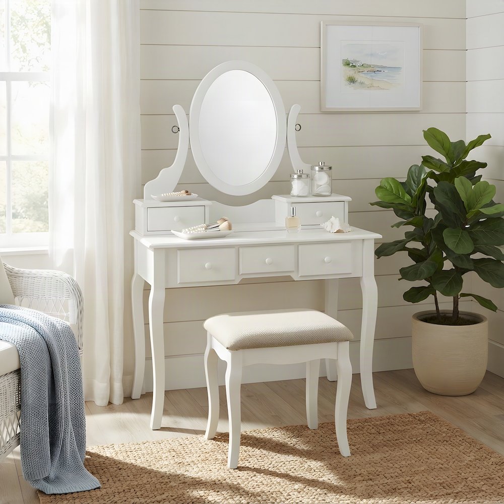Wood Makeup Vanity Desk with Mirror, Glass Top, and Upholstered Stool, White