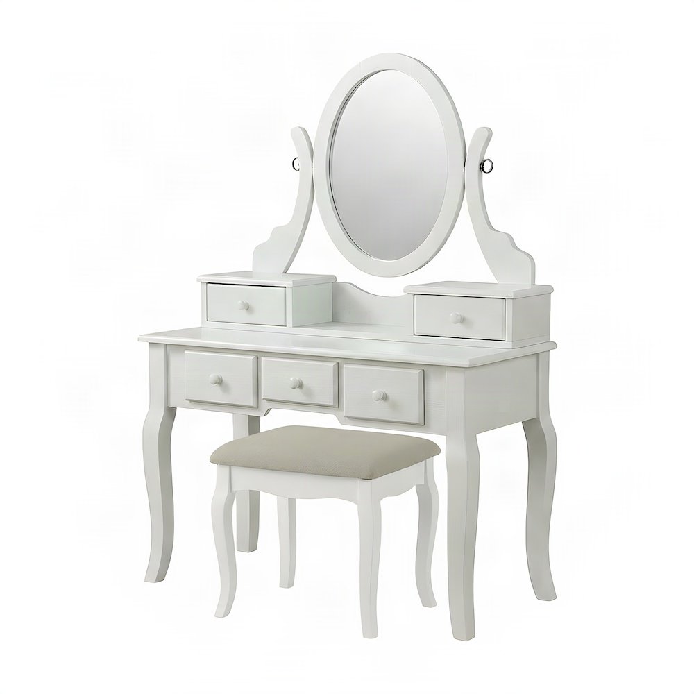 Wood Makeup Vanity Desk with Mirror, Glass Top, and Upholstered Stool, White