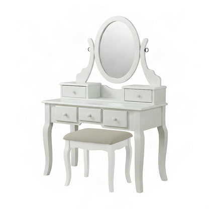 Wood Makeup Vanity Desk with Mirror, Glass Top, and Upholstered Stool, White