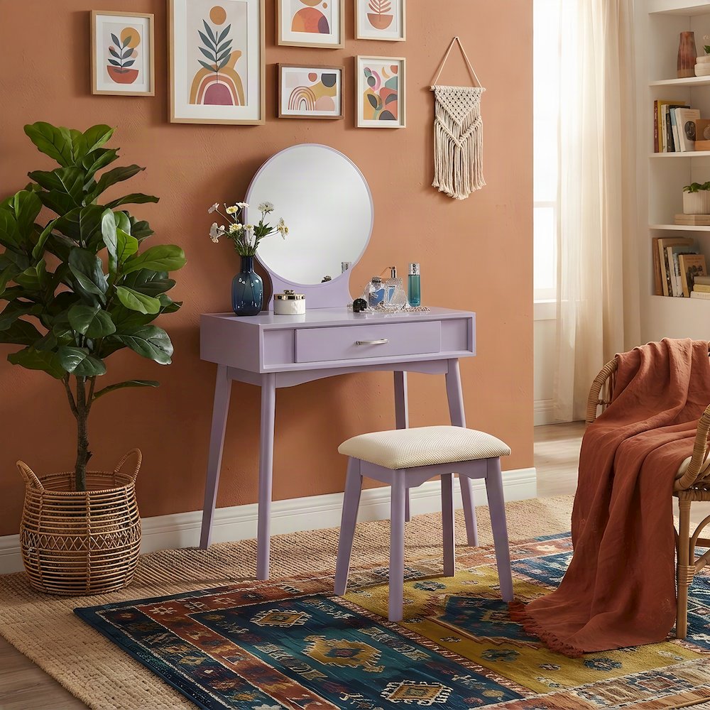 Contemporary Wood and Glass Small Vanity Desk with Upholstered Stool, Purple