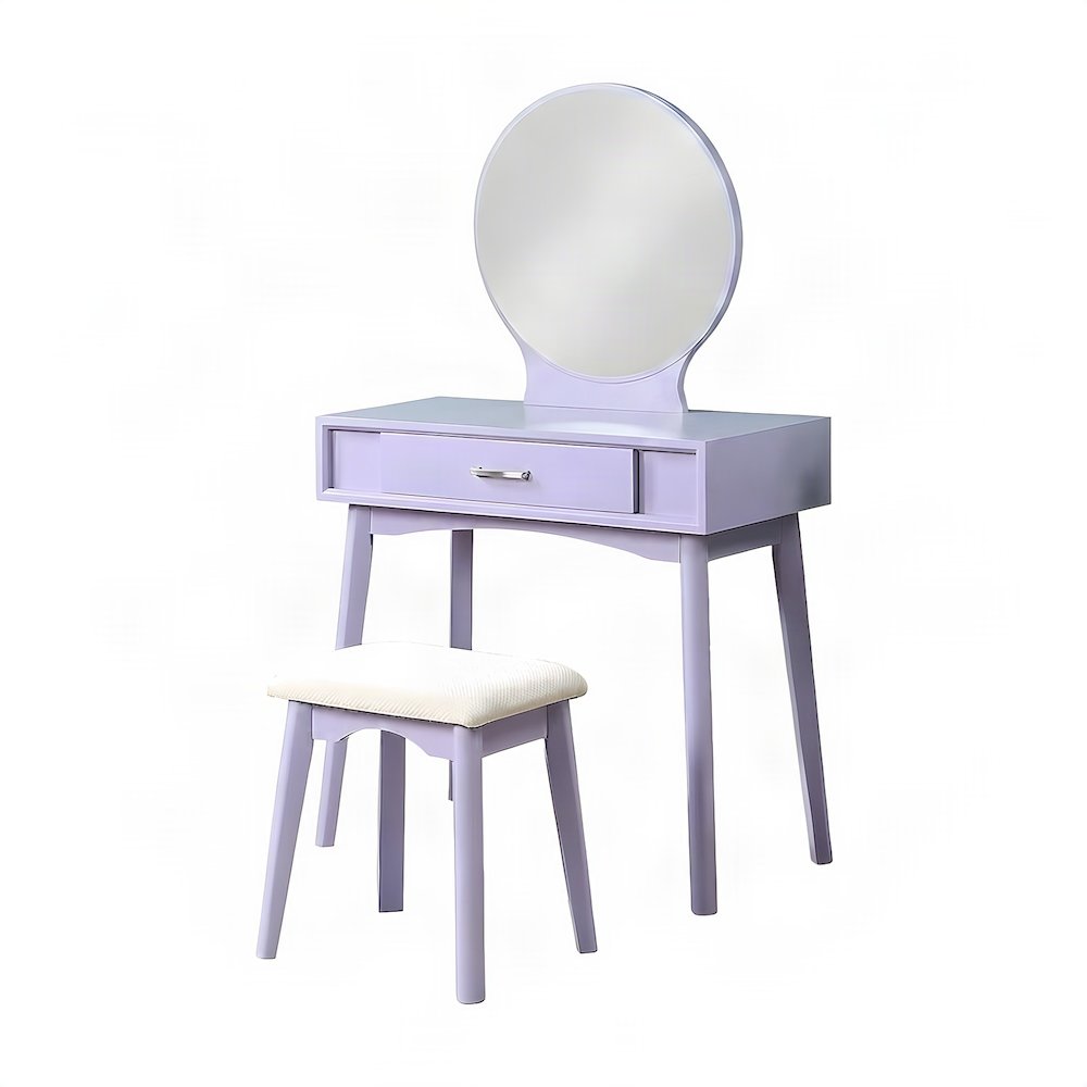 Contemporary Wood and Glass Small Vanity Desk with Upholstered Stool, Purple