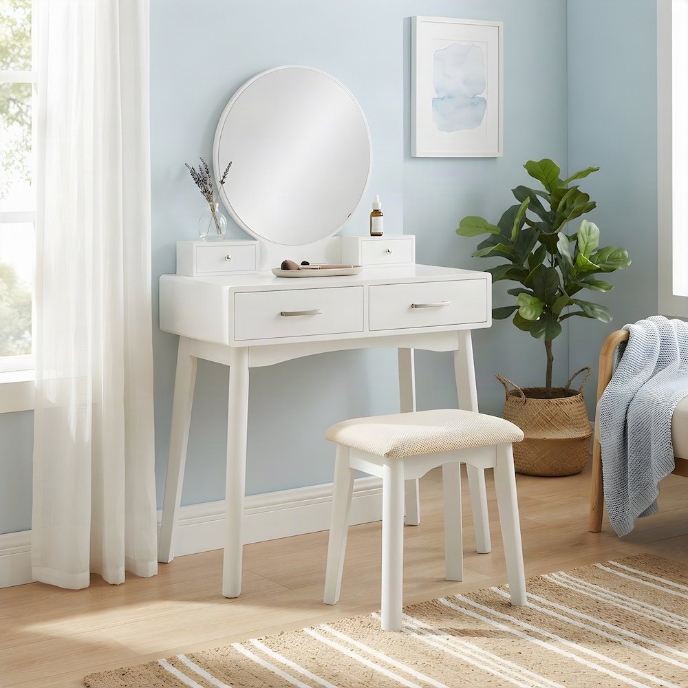 Wood and MDF Makeup Vanity Desk and Upholstered Stool with Mirror, White