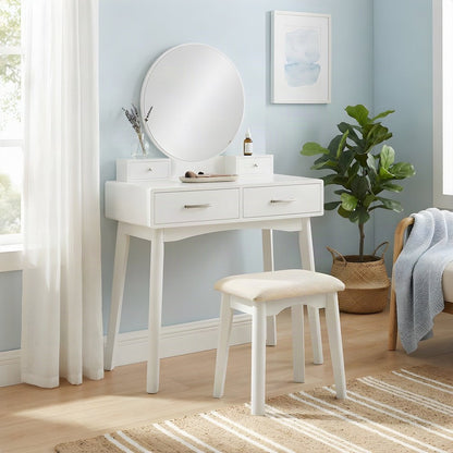 Wood and MDF Makeup Vanity Desk and Upholstered Stool with Mirror, White