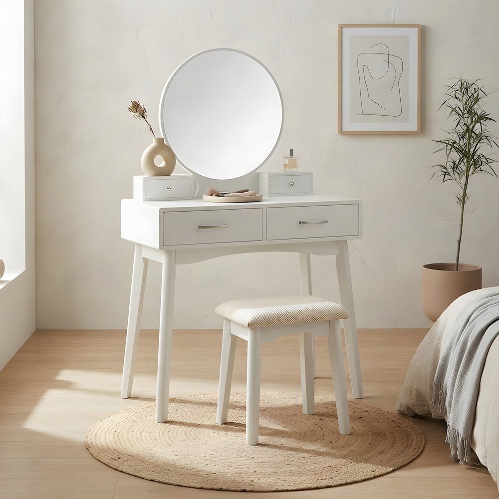 Wood and MDF Makeup Vanity Desk and Upholstered Stool with Mirror, White
