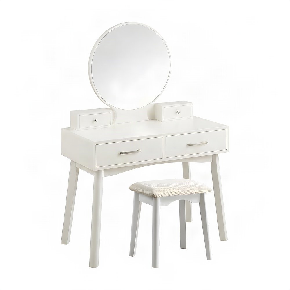 Wood and MDF Makeup Vanity Desk and Upholstered Stool with Mirror, White