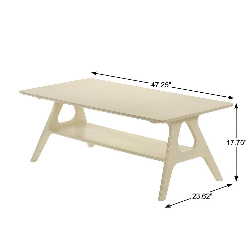 Off-White Coffee Table with Wood Shelf and Mid-Century Modern Design