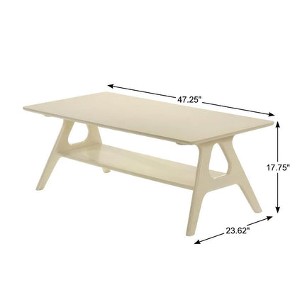 Off-White Coffee Table with Wood Shelf and Mid-Century Modern Design