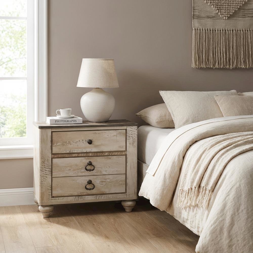 White Wash Finish Nightstand with 3 Drawers and Patched Wood Top