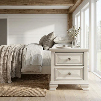 White Distressed Nightstand with 2 Drawers and Rustic Finish