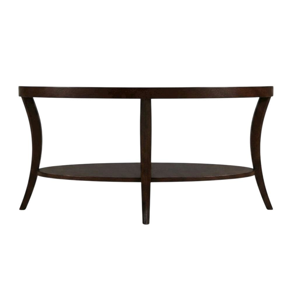 Espresso Oval Coffee Table with Shelf and Sturdy Construction for Living Room