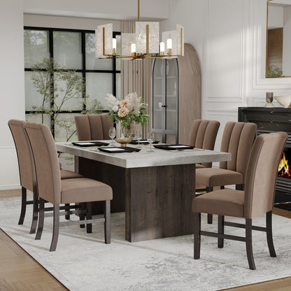 Sorlen 7-Piece Dining Set, 3D Faux Concrete Table with 6 Chocolate Fabric Chairs