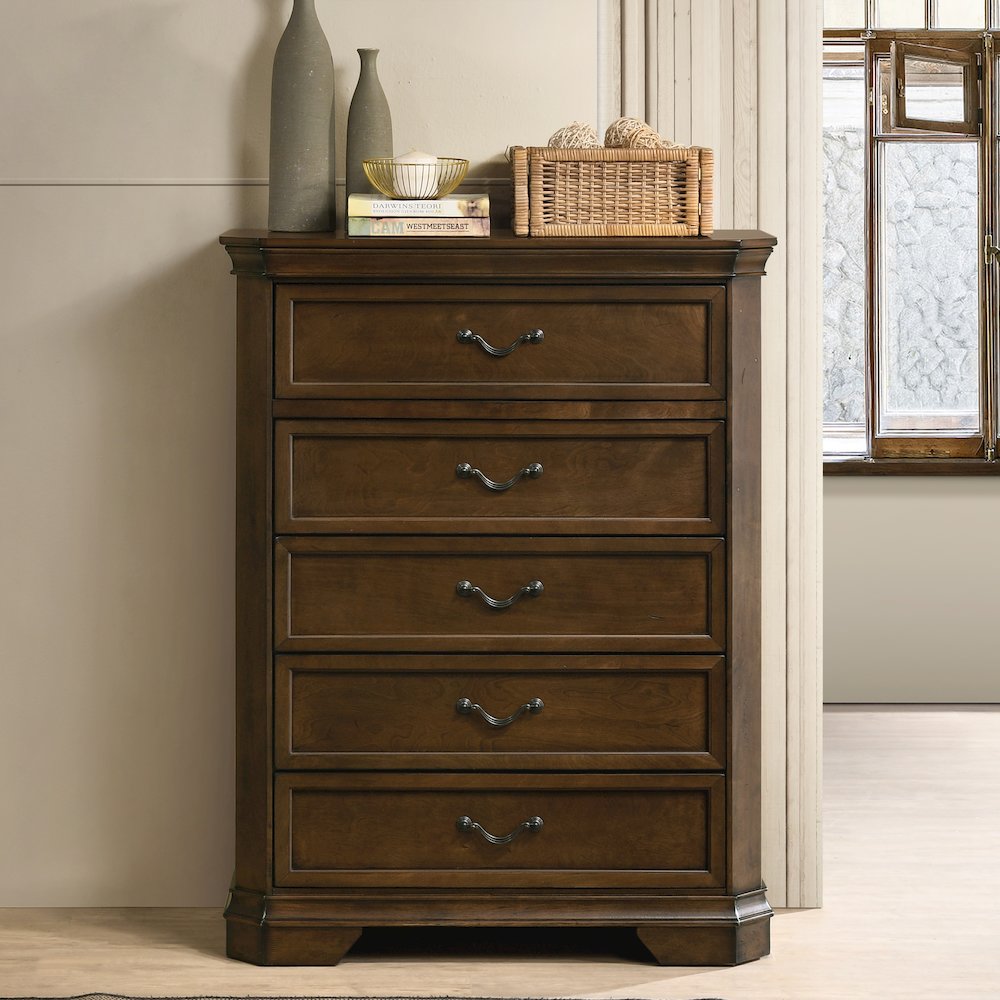 Wood Bed, Dresser, Mirror, 2 Nightstands, Chest, King, Antique Walnut Finish