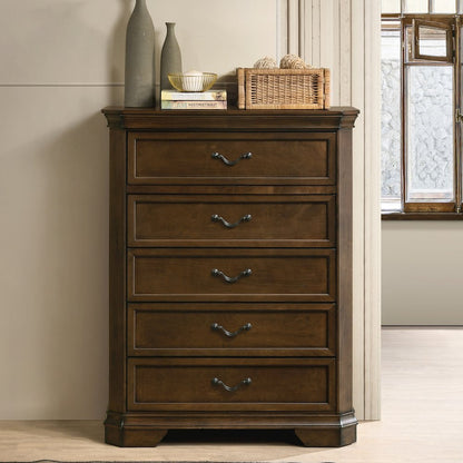 Wood Bed, Dresser, Mirror, 2 Nightstands, Chest, King, Antique Walnut Finish
